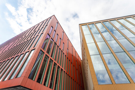 Low angle view of Malmo Concert Hall against sky