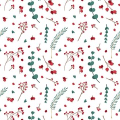 Christmas seamless pattern with winter plants. Traditional winter season botanic decor.  Green branches, red berries on white background.