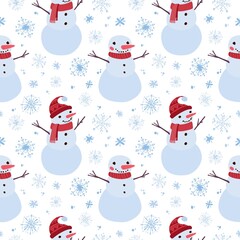 Christmas seamless pattern with snowmen and snowflakes. Holiday digital paper on white background
