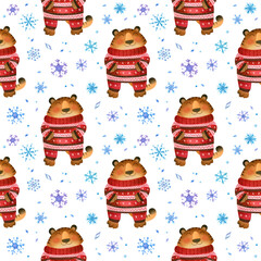 Tiger with warm Christmas pajamas, winter seamless pattern with snowflakes. The symbol of the new year 2022.