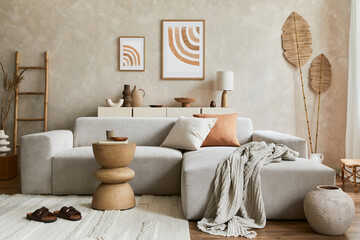 Elegnat living room interior design with mock up poster frame, grey corner sofa, coffee table and personal accessories. Pastel neutral colours. Template. - obrazy, fototapety, plakaty
