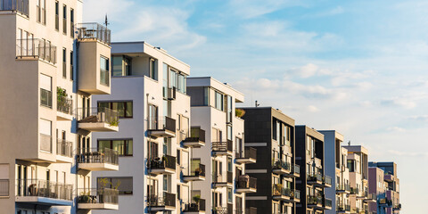 Exterior of modern residential buildings against sky in Frankfurt, Germany