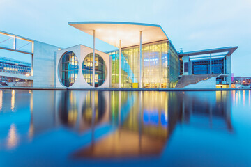 New buildings at the government quarter in Berlin at night, Germany