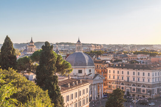Italy, Rome, Santa Maria in Montesanto church and surrounding city buildings