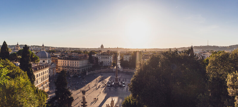 Italy, Rome, Sun setting over Piazza del Popolo