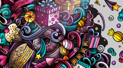 Obraz premium Happy Birthday hand drawn doodle banner. Cartoon vector detailed flyer.