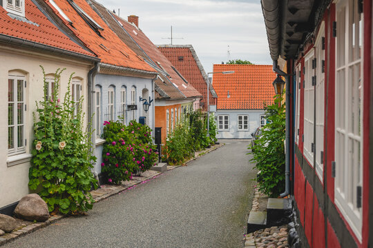Denmark, Region of Southern Marstal, Aeroskobing, Old town houses along empty street