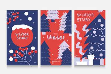 Colorful winter banners with falling snowflakes, snowy trees. Set of abstract winter backgrounds for social media stories. Use for event invitation, discount voucher, ad. 