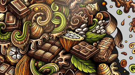 Chocolate hand drawn doodle banner. Cartoon vector detailed flyer.