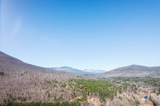 Aerial view of Catskill Mountains against blue sky