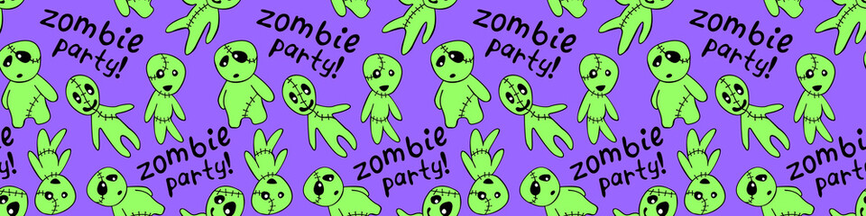 Vector seamless pattern with cute zombies in cartoon style. Outline doodle illustration isolated. Zombie party - lettering. Halloween backgrounds and textures