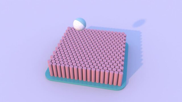 Loop 3d animation of a trampoline from a set of cylinders and a sphere that jumps, jumps on a trampoline. Geometric 3d abstract composition for animated screensavers.