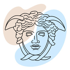 Hand drawn vector of antique Greek Medusa head. Illustration of classic greek sculpture in line art style with color spots background.