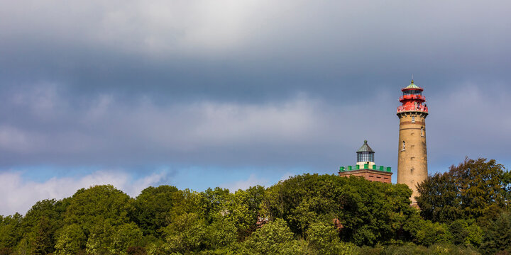 Germany, Mecklenburg-West Pomerania, Ruegen Island, Cape Arkona, Lighthouses, Schinkel tower and round tower on cloudy day