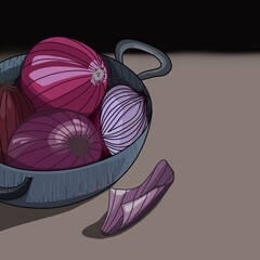 Illustration of red onion in a plate.