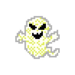 Obraz premium illustration vector graphic of flying ghost on white background. Scary white ghost. Happy Halloween. Flying ghost pixel game style illustration. Game 8 bit style. vector pixel art design.