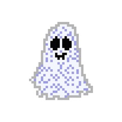 illustration vector graphic of flying ghost on white background. Scary white ghost. Happy Halloween. Flying ghost pixel game style illustration. Game 8 bit style. vector pixel art design. eps10.