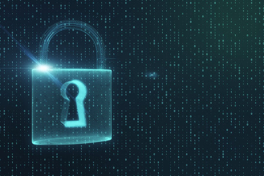 Abstract digital padlock on gray background with mock up place and binary code. Safety and security concept. 3D Rendering.