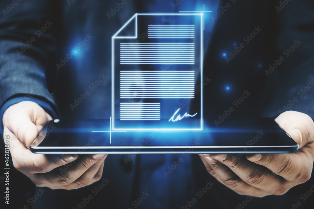 Poster close up of businessman hands holding tablet with abstract digital document hologram. electronic sig