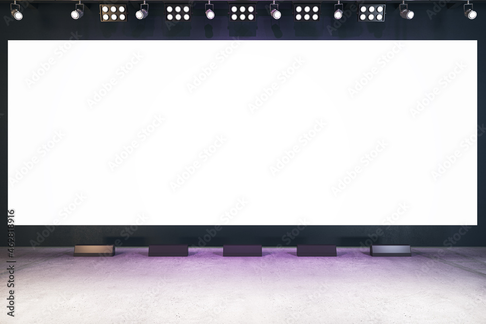Poster clean white rectangular screen in interior with concrete floor. presentation, movie theater and anno