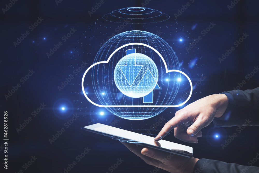 Poster Businessman hand pointing at tablet with abstract digital globe with cloud and arrows. Cloud computing and upload concept.