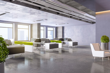 Fototapeta premium Modern concrete coworking office interior with window and city view, furniture, devices and equipment. 3D Rendering.