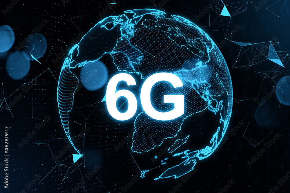 Poster Globe with 6G hologram on dark background. Technology, data and future concept. 3D Rendering.
