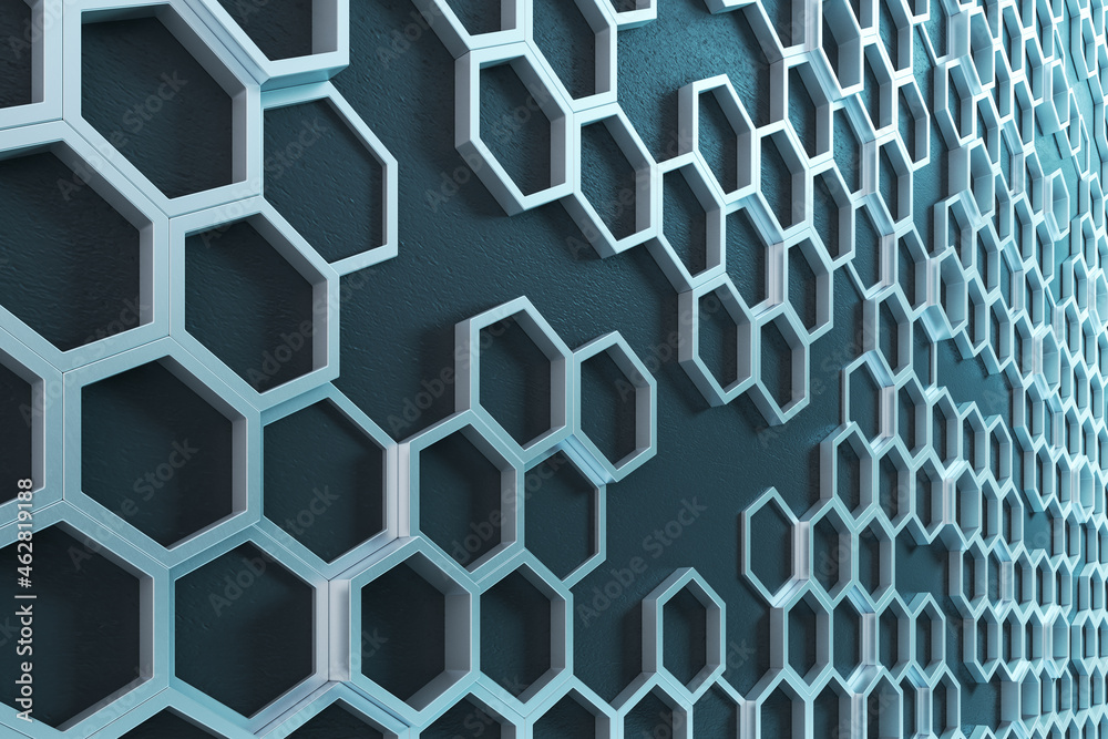 Poster creative blue honeycomb background. landing page concept. 3d rendering.