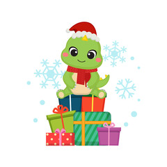 Cute dinosaur sit on top of Christmas presents. Flat vector cartoon design