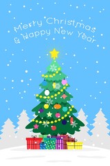 Obraz premium Christmas and New Year tree decorated with toys, balls and garlands with colorful gifts and snow on a blue background. Cute vector flat image for greeting card or postcard. 