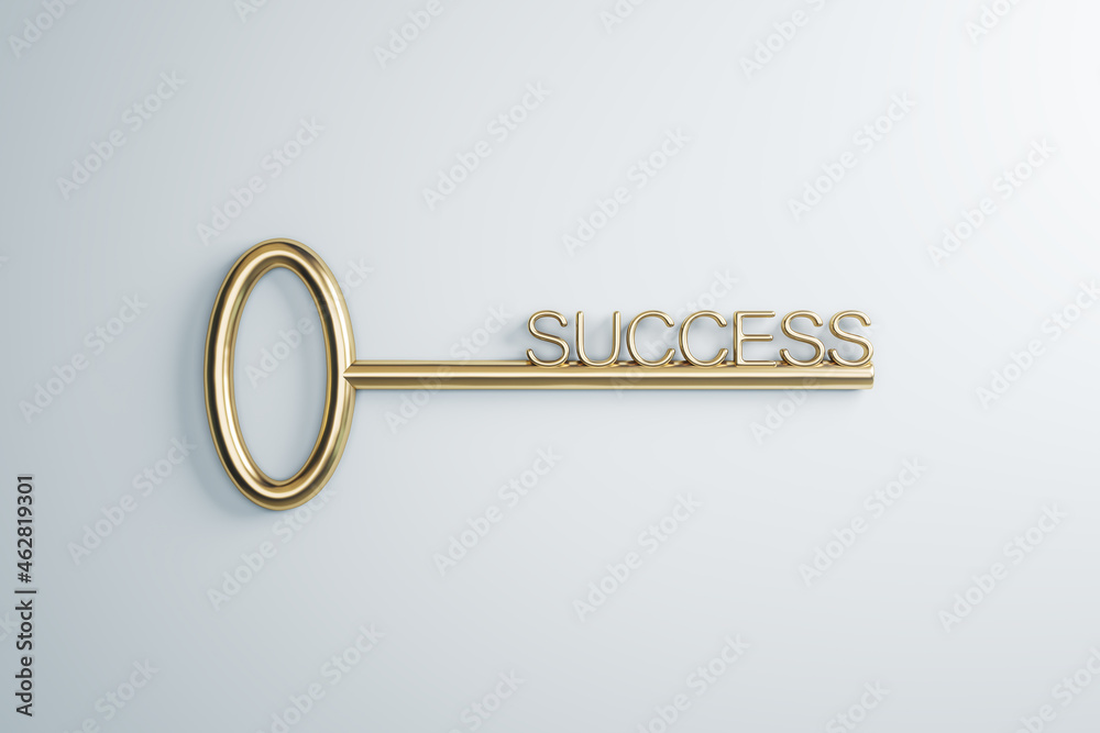 Poster close up of golden key to success on white background. creative concept. 3d rendering.
