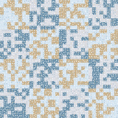 Pixel-chess winter camouflage covered with a scattering of small squares. Seamless texture.