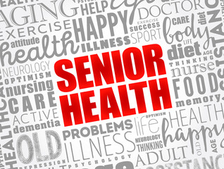 Senior health word cloud collage, social concept background