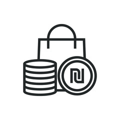 Obraz premium Shekel coins and shopping bag. E-commerce icon concept isolated on white background. Vector illustration