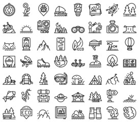 Eco tourism icons set outline vector. Fauna nature. Flora bird