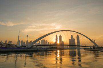 Beautiful Sunrise View of Tolerance Bridge in Dubai Canal