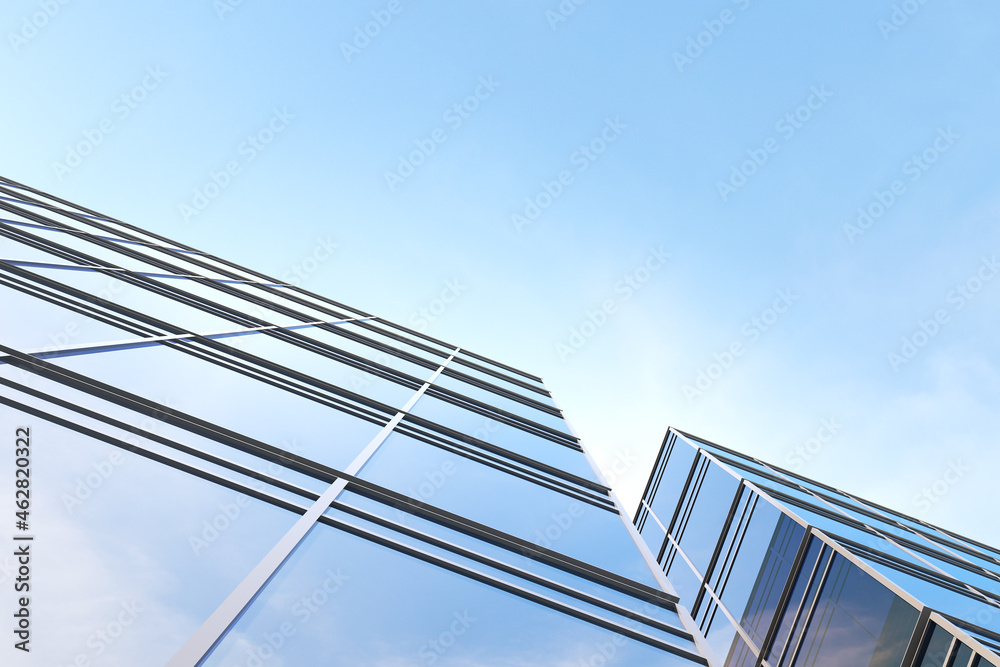 Poster low angle view of futuristic modern architecture, skyscraper of corporate office building, 3d render
