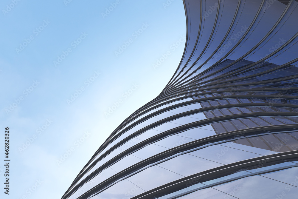 Poster Low angle view of futuristic architecture, Skyscraper of office building with curve glass window, 3D rendering.