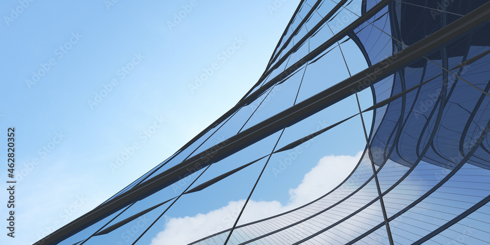 Poster Low angle view of futuristic architecture, Skyscraper of office building with curve glass window, 3D rendering.