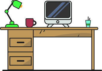 A table with a computer, coffee cup and desk lamp professionally and beautifully on a white background