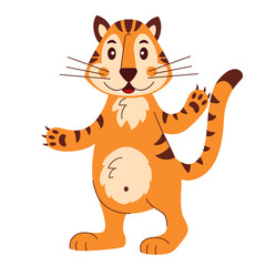 Cute striped red tiger smiles. Printing for children's T-shirts, greeting cards, posters. Vector cartoon illustration isolated on a white