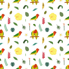 Obraz premium Seamless pattern with lovebird parrots on stick, tropical leaves and flowers. Cute baby print for fabric and textile.