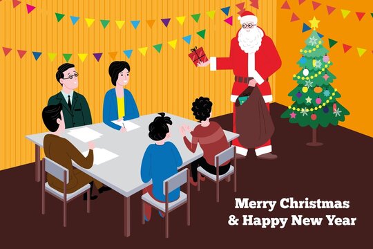 Christmas and New Year. Santa Claus congratulates the employees of the company sitting at the table in the office and gives them gifts. Cute vector image.