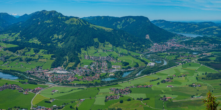Germany, Bavaria, Allgaeu,  Panoramic view from Gruenten to Iller Valley, Blaichach, Immenstadt, Alpsee and Allgaeu Alps