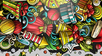 Obraz premium New Year hand drawn doodle banner. Cartoon detailed flyer.