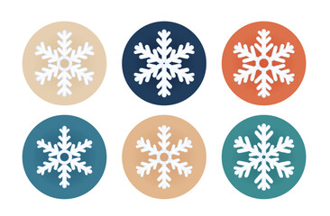 Sticker retro snowflakes 3d. Winter set of emblems for Christmas. Collection of xmas, round labels with snowflake elements. Modern sticker for design, decoration and holiday greetings. Vector 
