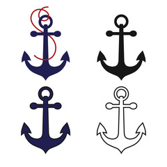 Set of anchor icons. A device designed to fix a floating object in place due to adhesion to the ground. Vector illustration isolated on a white background for design and web.