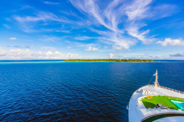 Papua New Guinea, Milne Bay Province, Bow of ship sailing on blue waters of Solomon Sea