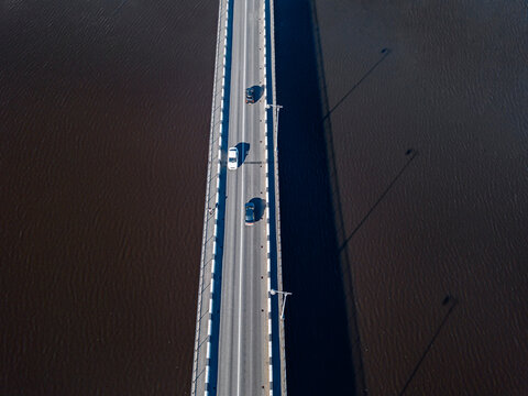 Russia, Republic of Karelia, Sortavala, Aerial view of bridge stretching across Lake Ladoga