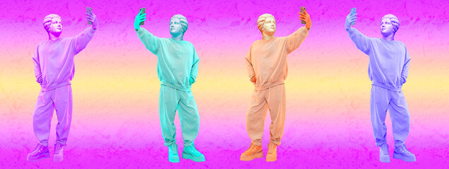 Contemporary art concept collage banner. Antique statue head and human body. Male selfie. Zine and vapor wave culture vibes